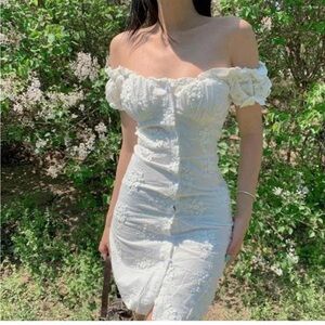 Cream Off-Shoulder Puff Sleeve Bodycon Dress